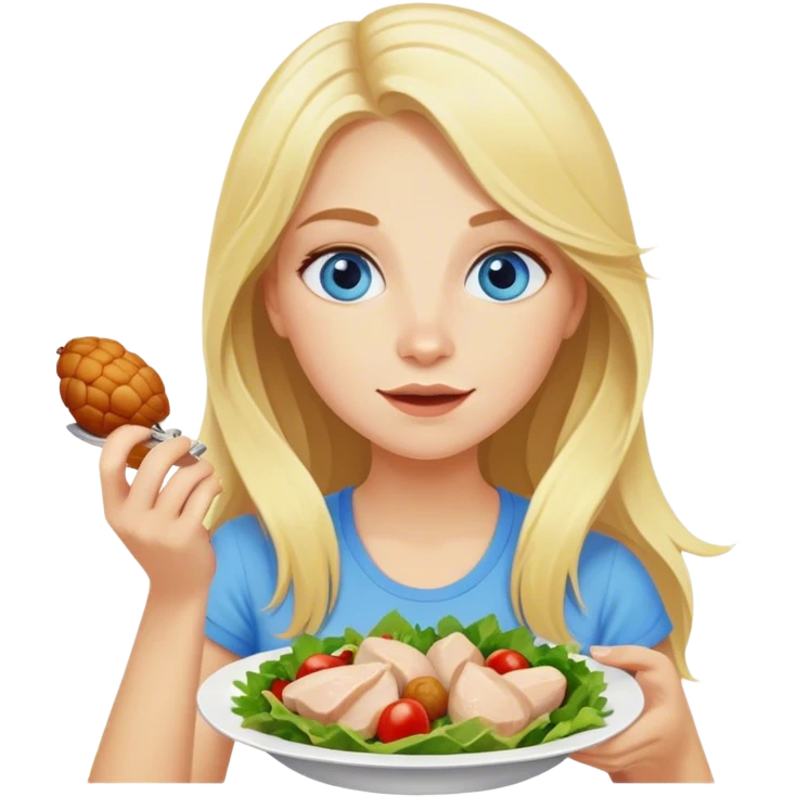blonde girl with long hair and blue eyes eats salad and eats chicken emoji
