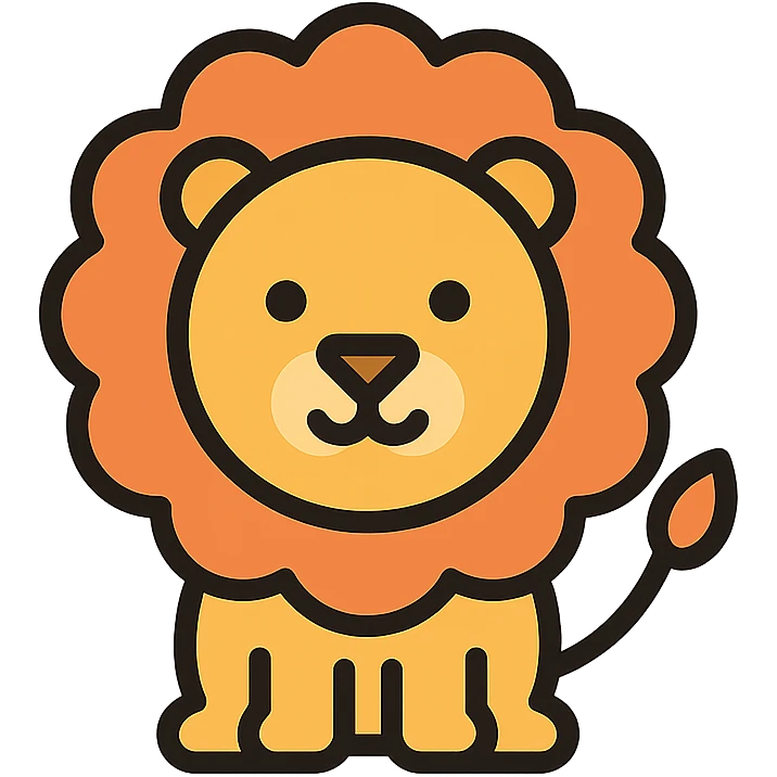 Create a cute lion with a round face, big mane, and friendly expression in lineal color icon style with simple color fills and black outlines. Use a transparent background. emoji