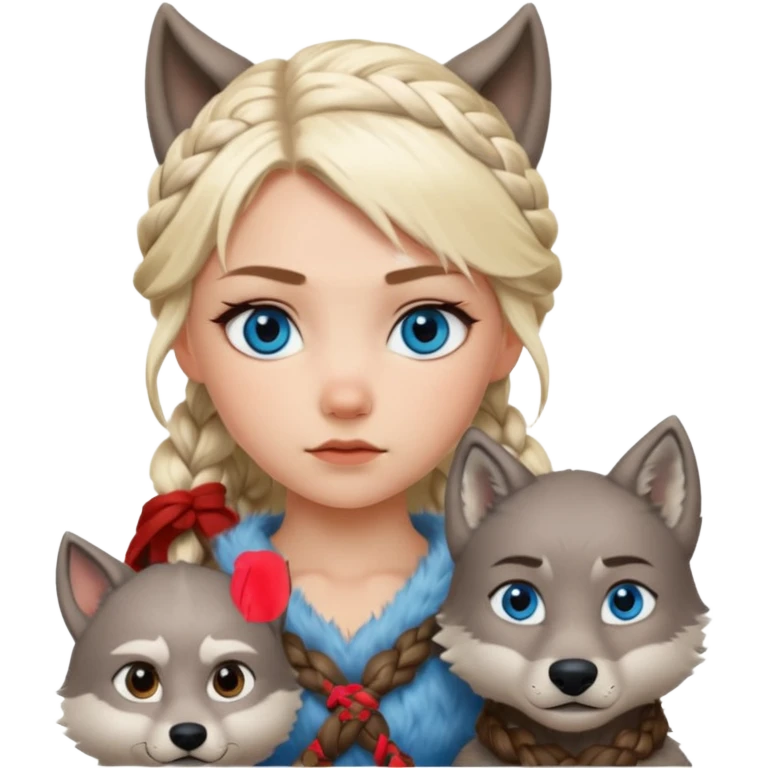 Viking platinum blonde girl with braid and blue eyes. Wolf pet emoji