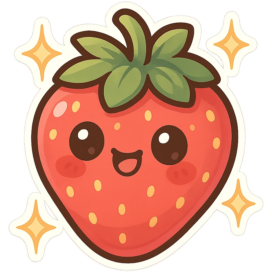 chibi sticker-style strawberry with sparkles, cute and exaggerated emoji