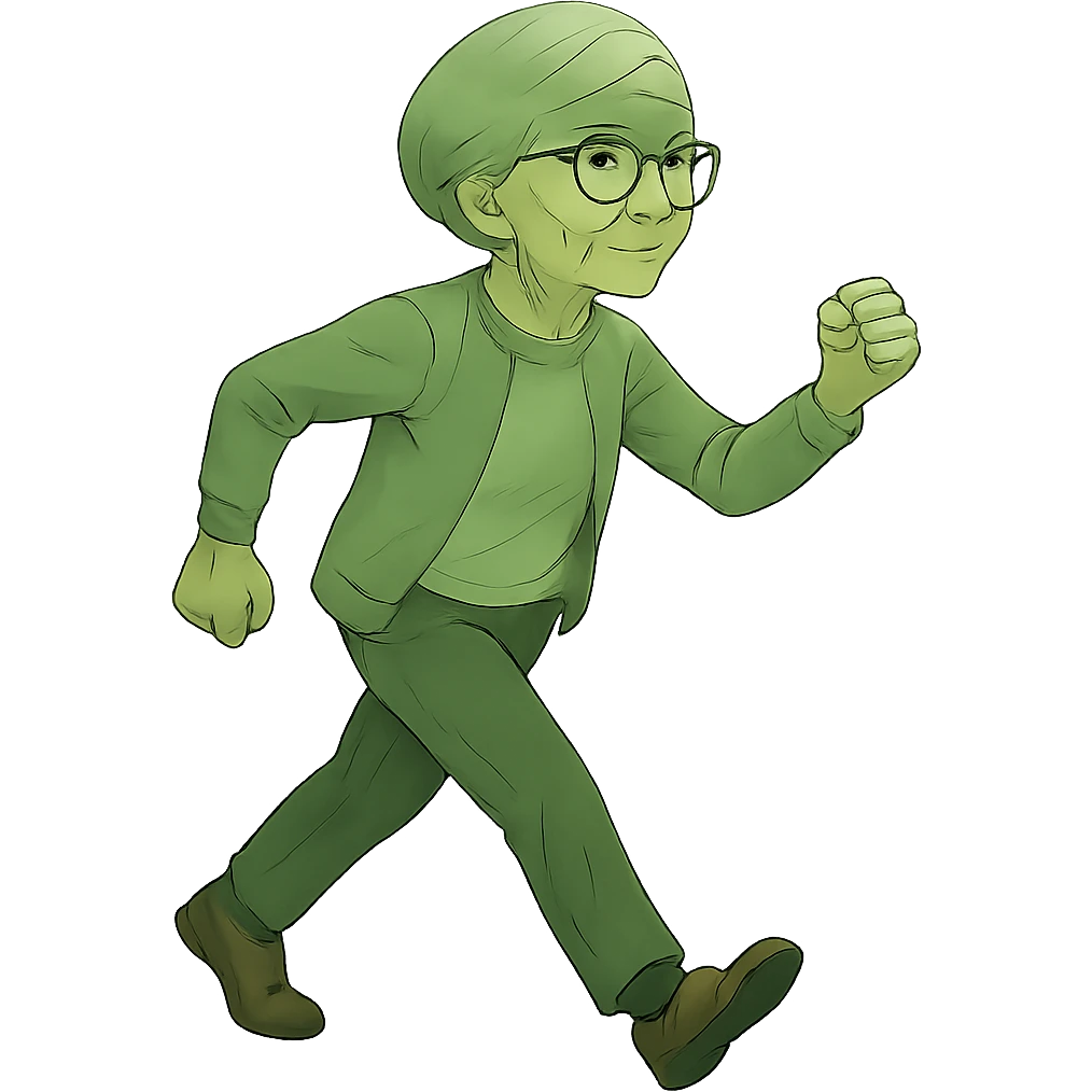 Change the walking pose of the elderly woman with short hair to a brisk walk. Keep the bufo style look in mind while editing. emoji