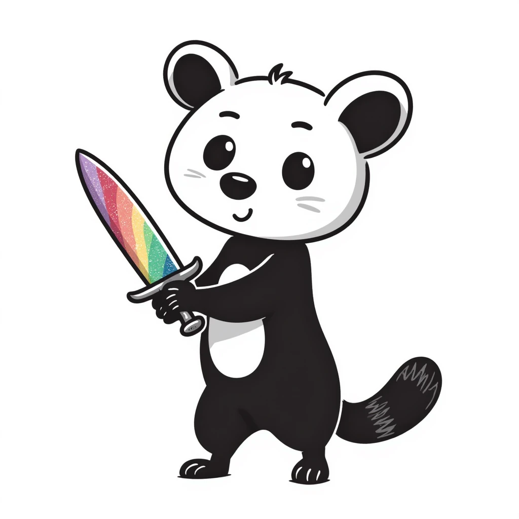 Cute possum with big eyes holding a glittery sword, rainbow colors emoji