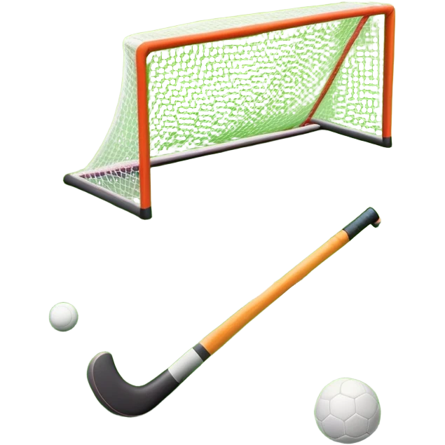 A field hockey stick and ball on a vibrant green grass field, with goalposts and clear field markings in the background. The scene emphasizes the bright, lush grass, highlighting the fast-paced and strategic nature of hockey on a well-maintained pitch. emoji