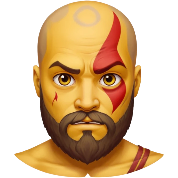 yellow emoji version of Kratos, round yellow face, signature red tattoo, beard, intense eyes, classic emoji look emoji