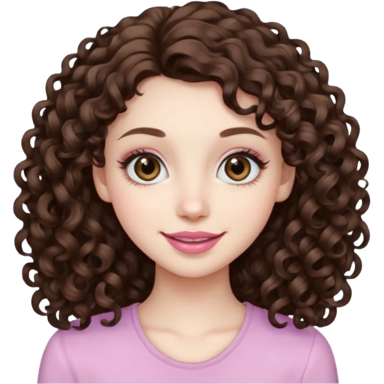 Light brown eyed female with pale skin. She has big eyes, curly and long dark brown hair and thin lips smiling. emoji