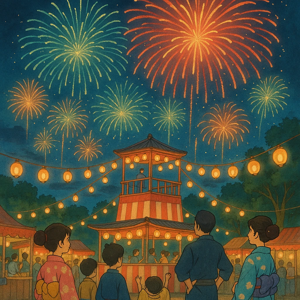 ghibli style fireworks over a festival scene emoji