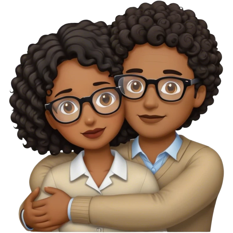 Brown woman with curly hair hugging white man with brown hair and glasses emoji