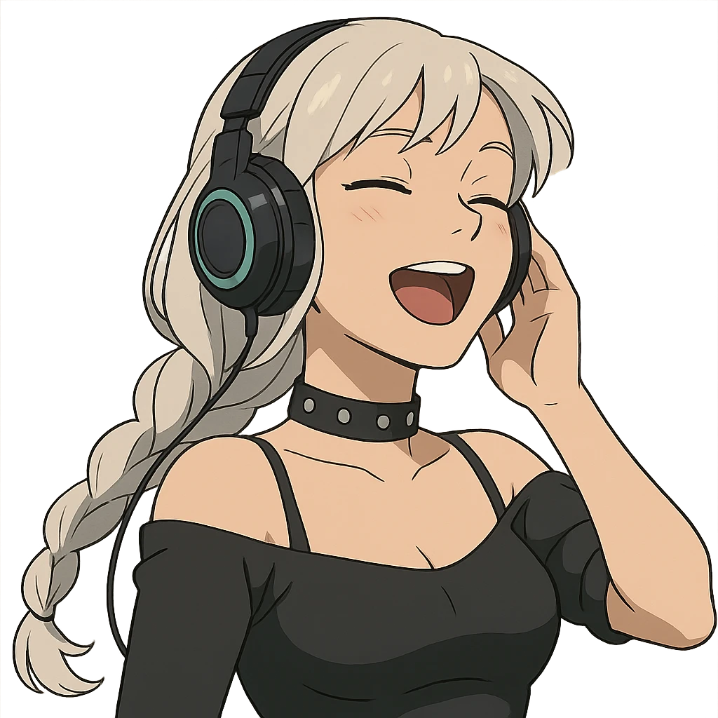 she is listening to music in headphones and JAMMIN!, a closeup portrait of young woman with gold yellow eyes, white hair, long braid, black off-shoulder top d-cup, punk gothic style, futuristic cyberwave cyberpunk,  eyes closed, singing, one hand on the headset emoji