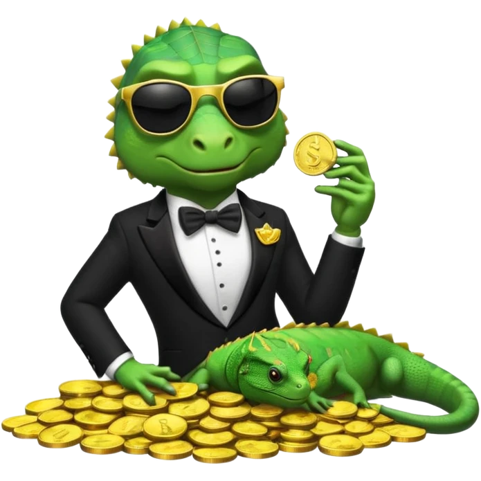 capitalist iguana banker in tuxedo and black sunglasses lying comfortly on coins emoji