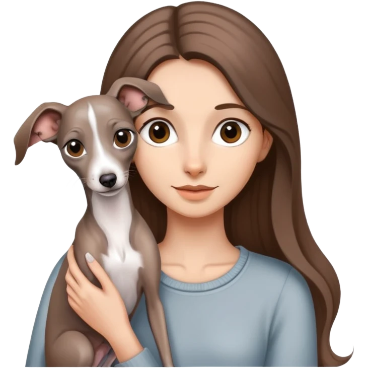 A girl with long brown hair holding a gray Italian Greyhound emoji