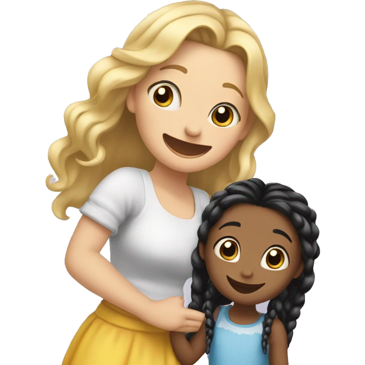 An emoji of a blonde mother with very long hair and a cheerful expression, standing next to her 3-year-old daughter, a small girl with black hair styled in two braids, both smiling happily together emoji