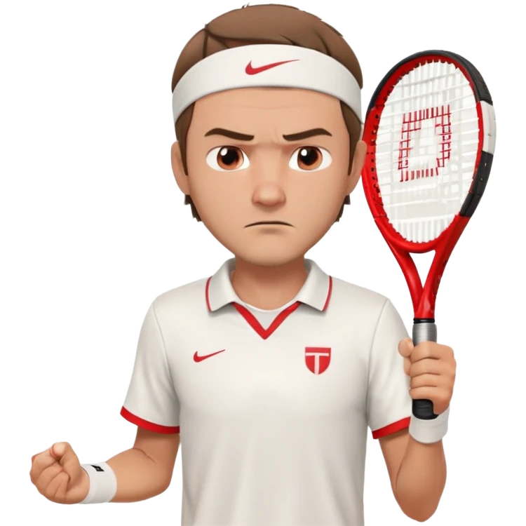 A 3D cartoon-style illustration of a male tennis player resembling Daniil Medvedev. He is wearing a white tennis shirt with a small logo, a white wristband, and holding a red and white tennis racket. His expression is serious and focused. He has short brown hair and a headband with a small red logo. The style is similar to an Apple emoji or Memoji character – clean, high-quality, slightly exaggerated facial features, and polished rendering. White background.
 emoji