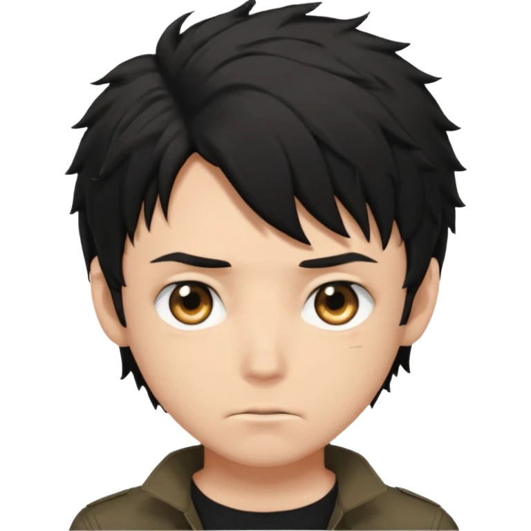 White male, black messy anime hair in his eyes, black shirt, black hunter eyes, hot  emoji