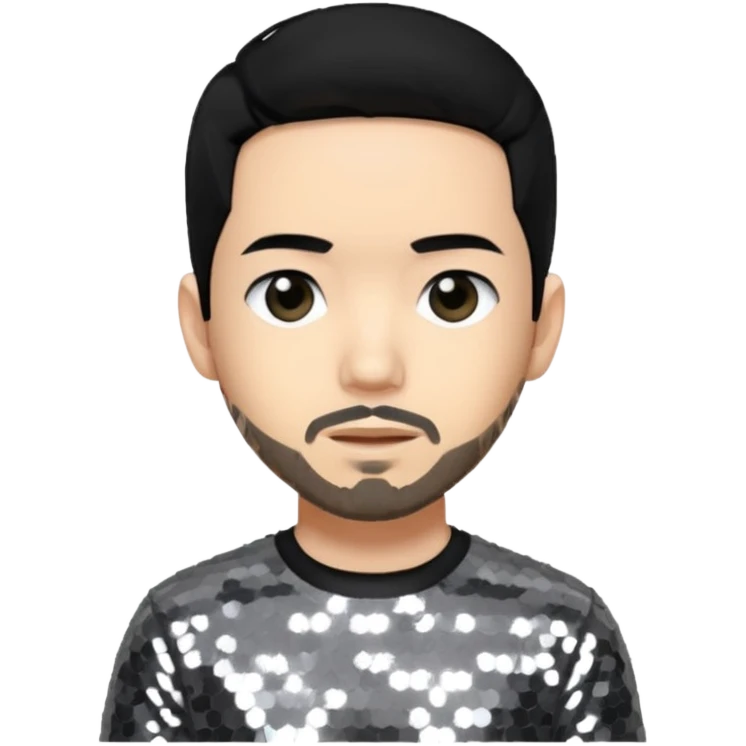 Mike Shinoda with jet black hair, gray sequin outfit emoji