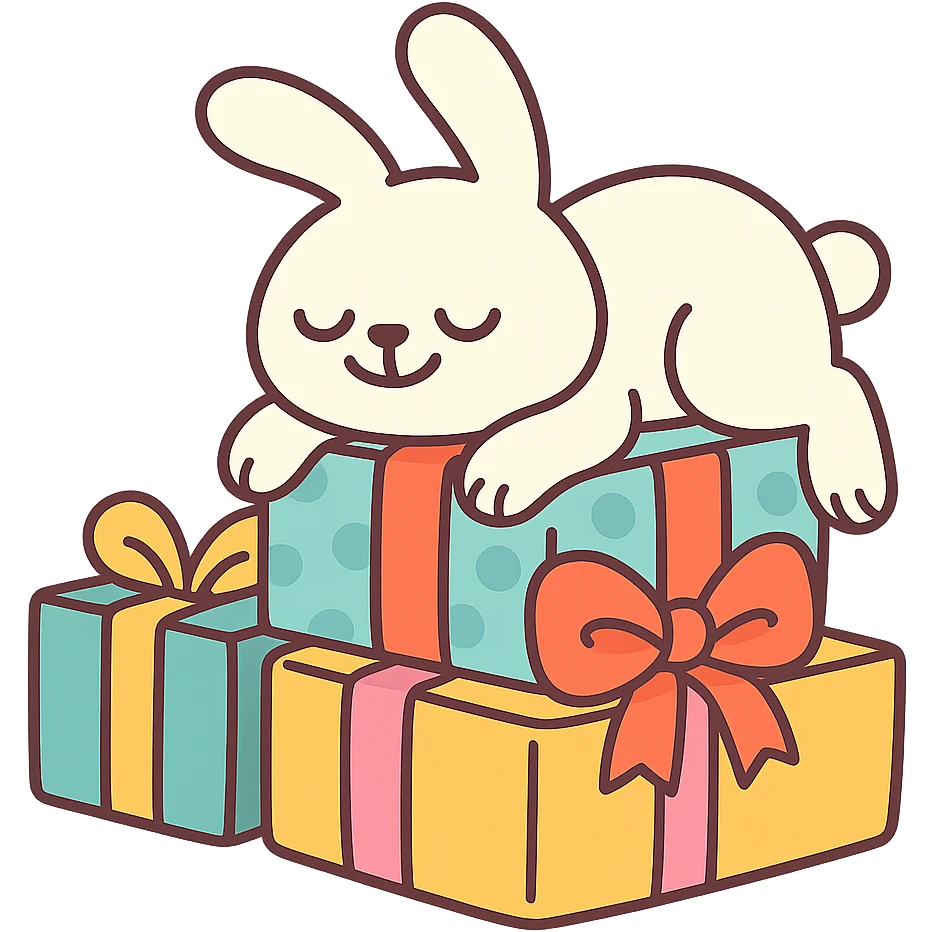 bunny lying on birthday gifts, sleepy and happy smile eyes, pastel-toon style emoji