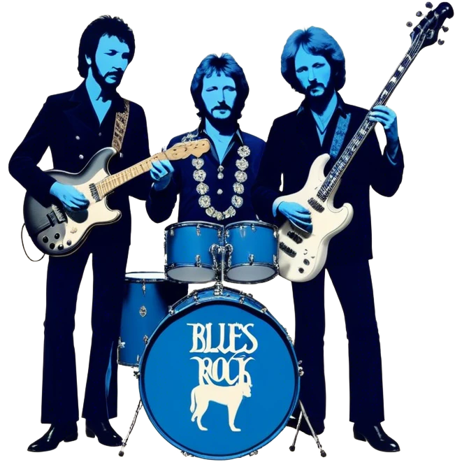 Icon for Blues Rock: collage of the band Cream, with silhouettes of the members (Eric Clapton, Jack Bruce, Ginger Baker) and symbolic items like guitars, drums, and bass. The design should convey the powerful, energetic vibe of the band's music. Transparent background. emoji