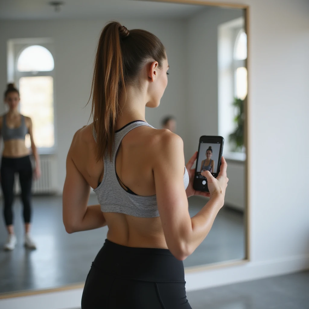 young woman in sportswear, back pose with tied hair, doing video check with smartphone for coach, bright room with large mirror, hyperrealistic details, 4K emoji