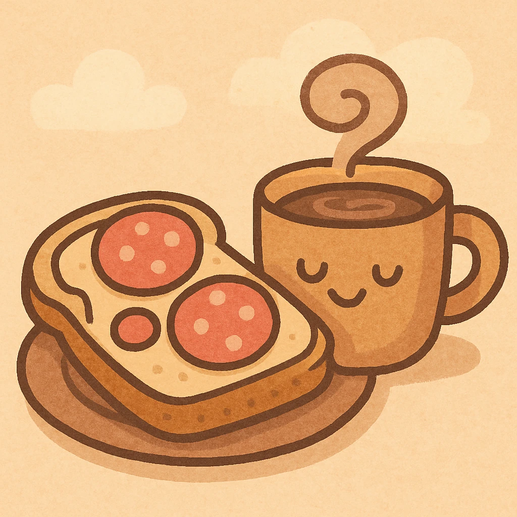 cartoon style breakfast: salami bread and coffee, cheerful, minimal background emoji