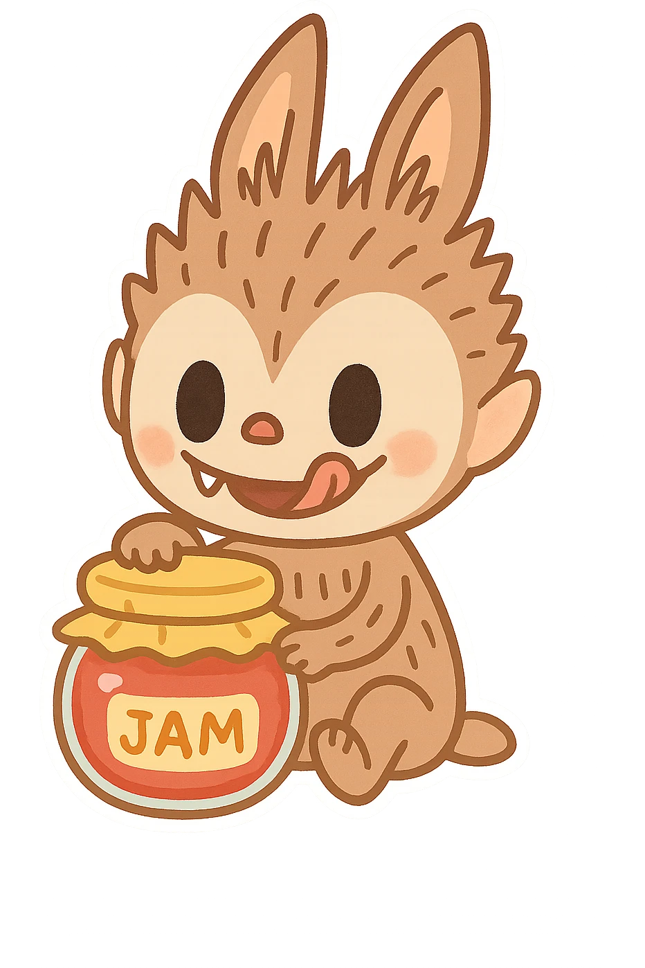 Labubu sitting with a jar of jam, licking lips, adorable cartoon style emoji