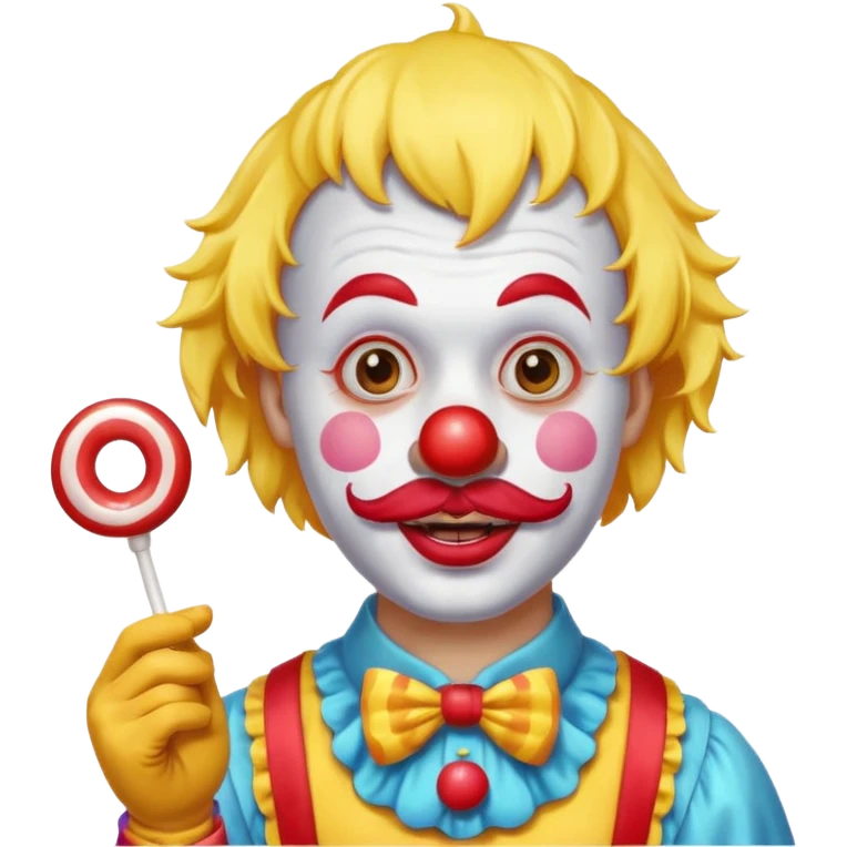 Funny clown — yellow wig, mustache, candy in hand emoji