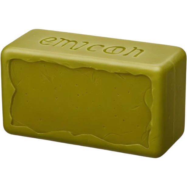 solid rectangular or cube-shaped soap block in warm olive green or brownish tones, matte rustic texture, slightly irregular edges, subtle embossed seal or stamp on surface, no foam or packaging, soft lighting, subtle shadows, emoji scale emoji