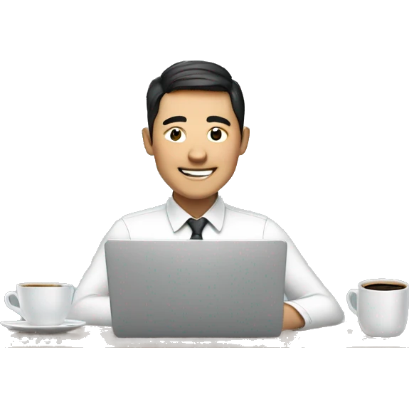 a Asian man, smile, glass, working with laptop in front, a cup of coffee on desk emoji