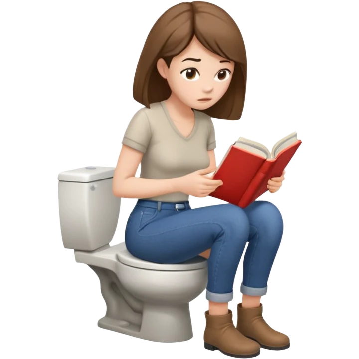A woman is sitting on the toilet, her pants are pulled down and she it reading a book. She is struggling because she tries to poop. Side view emoji