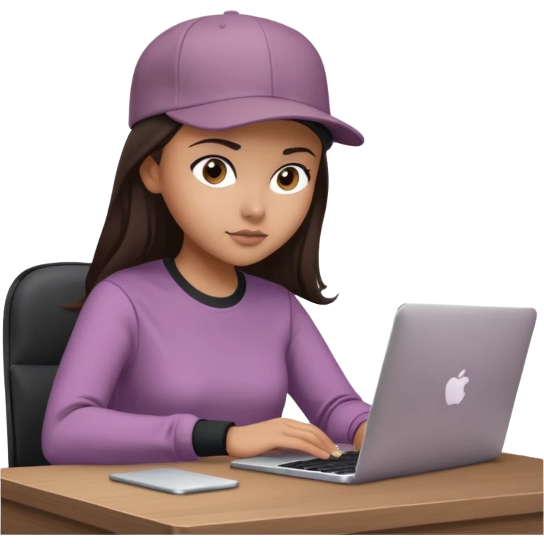 A professional 3D avatar of a young woman with olive skin and long, dark brown hair, wearing a dark, long-sleeved mauve taupe shirt and a black baseball cap. She's sitting at a sleek wooden desk, typing and looking at a silver MacBook.  emoji