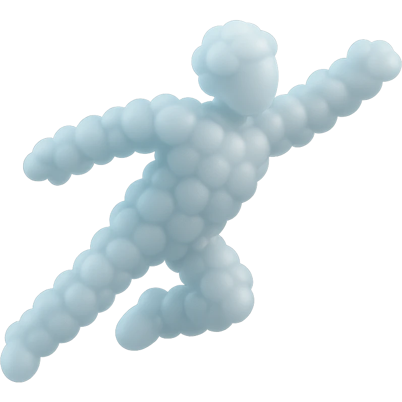 a person flying, entirely made of small very white fluffy convex clouds, minimalist style, matte glass emoji