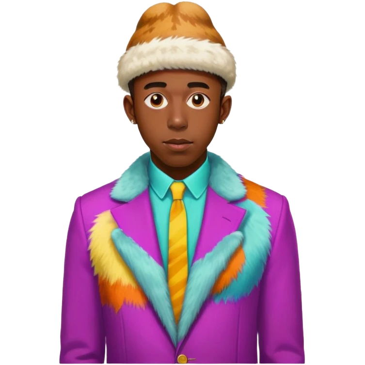 Tyler the Creator in his CHROMAKOPIA colorful suit with fur hat emoji