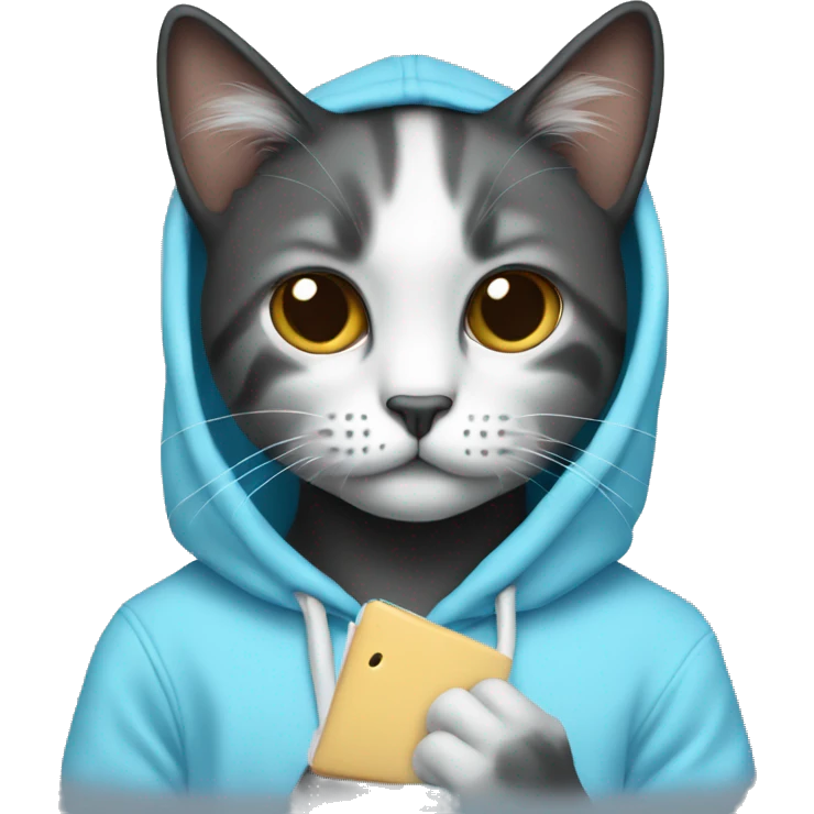 Cat wearing baby blue hoodie and a black MacBook emoji