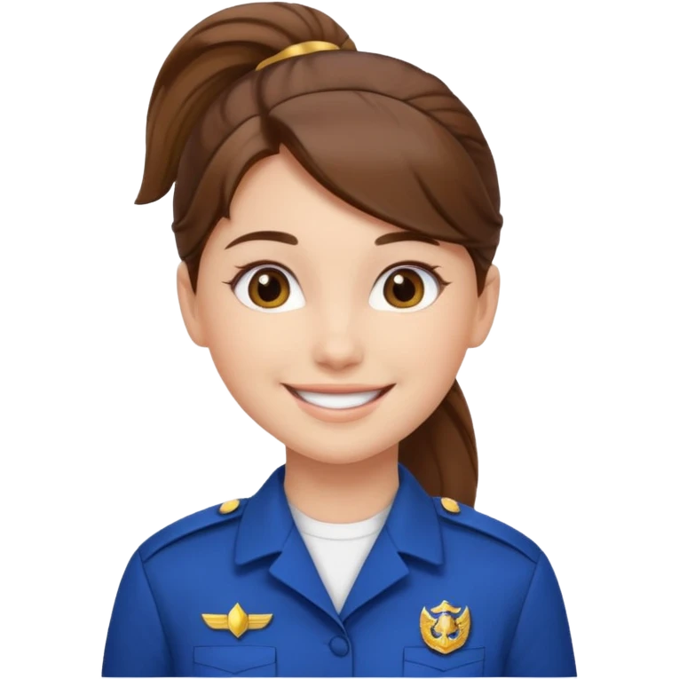 Young Female: ponytail brown haiir, wearing uniform, white skin, smile emoji