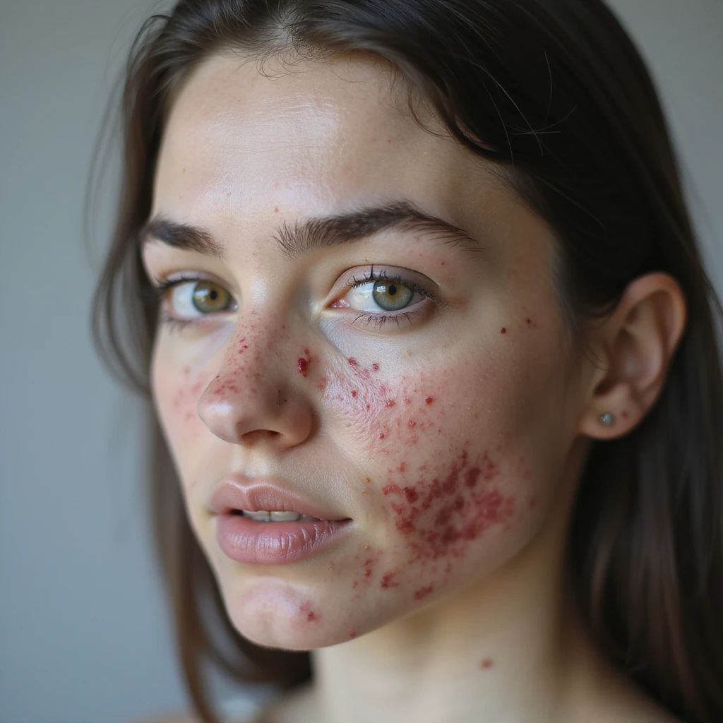 young adult woman with PCOS, face with evident cystic acne on chin and jawline, dark facial hair on upper lip and chin (hirsutism), thinning hair on temples, thick eyebrows, realistic hyperrealistic 4K details, clinical environment emoji
