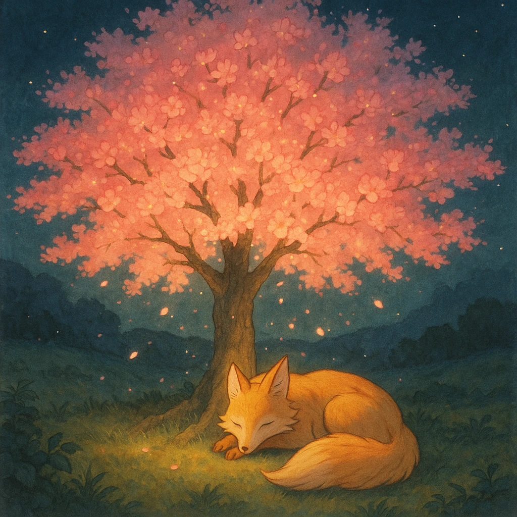 Fox spirit sleeping under a glowing sakura tree. emoji