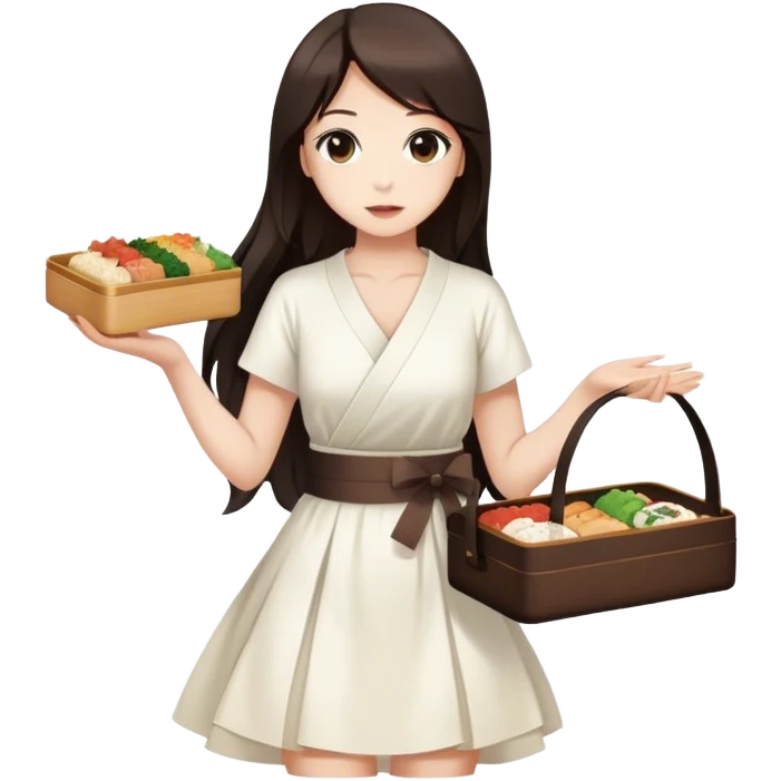 Beautiful woman in 1950’s woman fashion look, white dress, long dark brown hair, Japanese bento emoji
