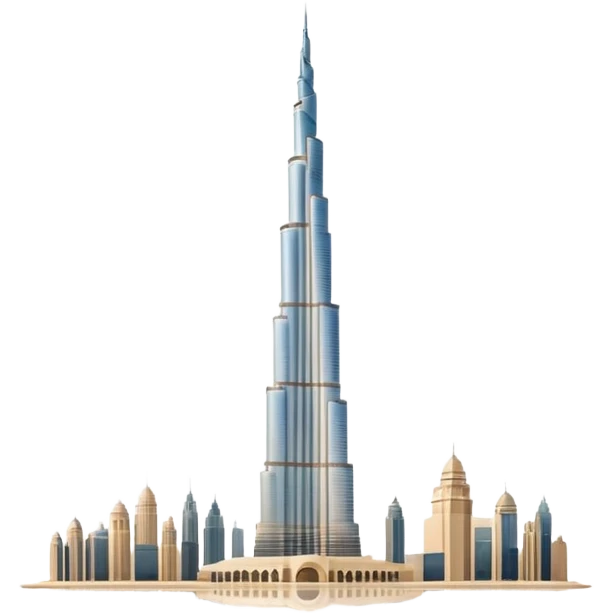 Burj Khalifa, beige color, minimalist style, view with reflection in glass, emoji style emoji