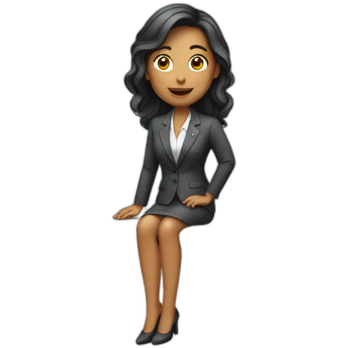 Woman wearing a suit telling things while sitting on a white table emoji
