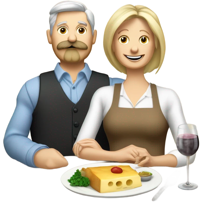 Repas raclette et deux verres de vin blanc en couple 50 ans, femme blonde cheveux aux-dessus des épaules homme petite barbe et moustache grisonnantes et cheveux bruns emoji