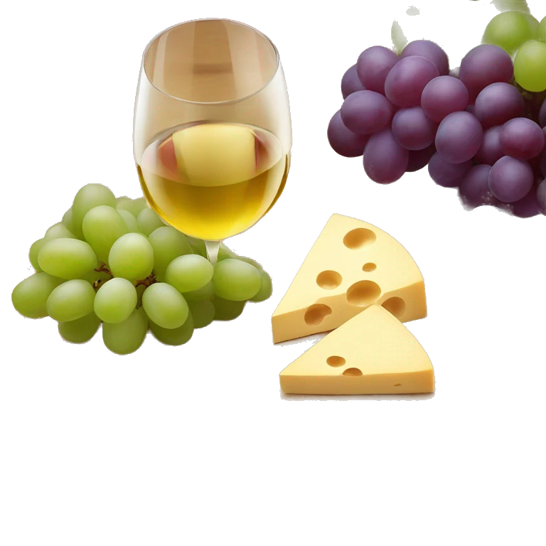 Wooden board with different kind of cheese, grapes and a glass of white wine emoji