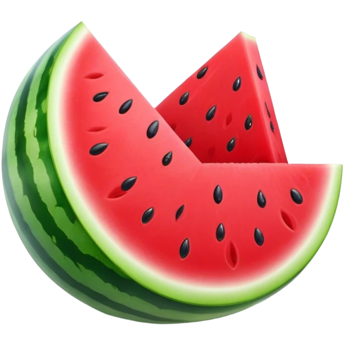 Cinematic juicy watermelon, thick slices revealing vibrant red interior, glossy and glistening with tiny black seeds, fresh and refreshing, soft glowing background, summer vibes. emoji