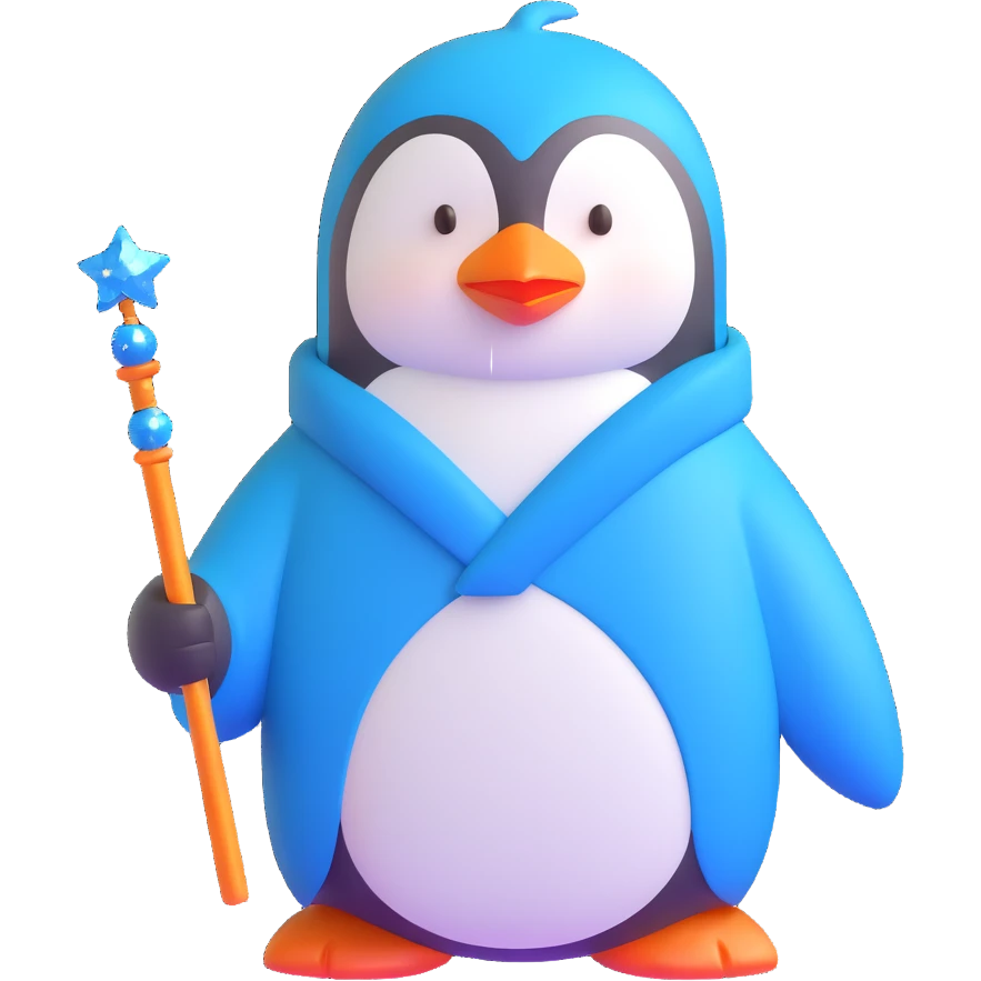 penguin wizard with a blue robe and sparkly wand emoji