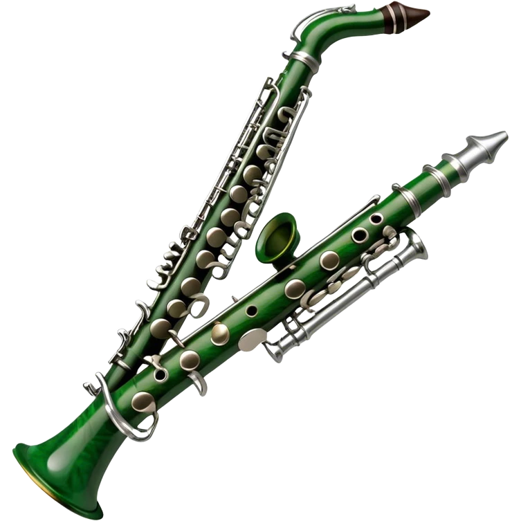 Create an elegant and refined emoji representing the Buffet Crampon Legende Green Line A clarinet. The design should showcase the sleek, dark wood finish of the clarinet with its shiny metal keys and elegant detailing. Include the distinct, high-quality features of the Green Line model, such as the unique greenish tint of the wood, giving it a modern and sophisticated look. Add subtle elements like the mouthpiece with the reed, emphasizing its importance in sound production. Use dark tones like ebony, silver for the keys, and soft light reflections to evoke a professional, classical feel. The background should be transparent. emoji