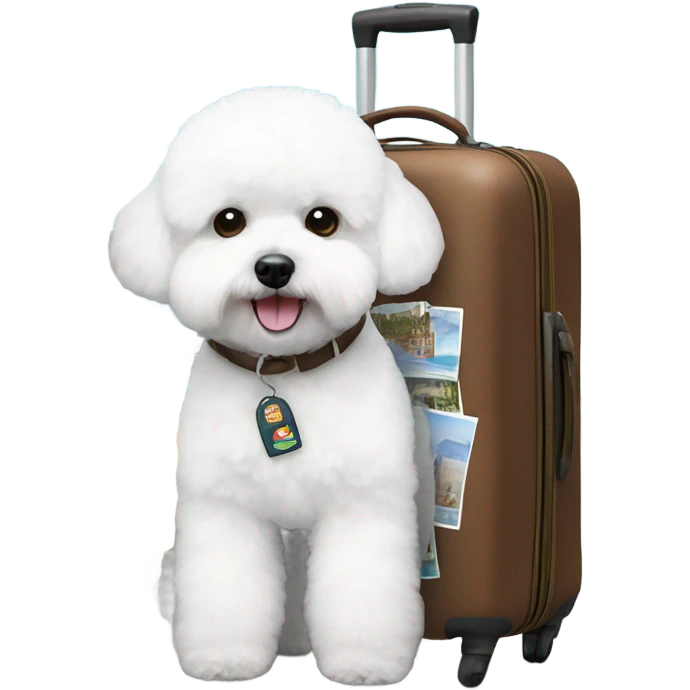 A world traveler, Bichon Frise, with a suitcase filled with iconic places stickers on the suitcase  emoji
