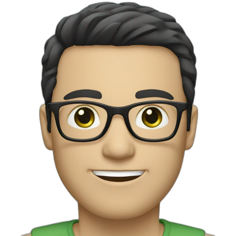 White man with clear glasses frames, black straight hair, blue-green eyes, smiling emoji