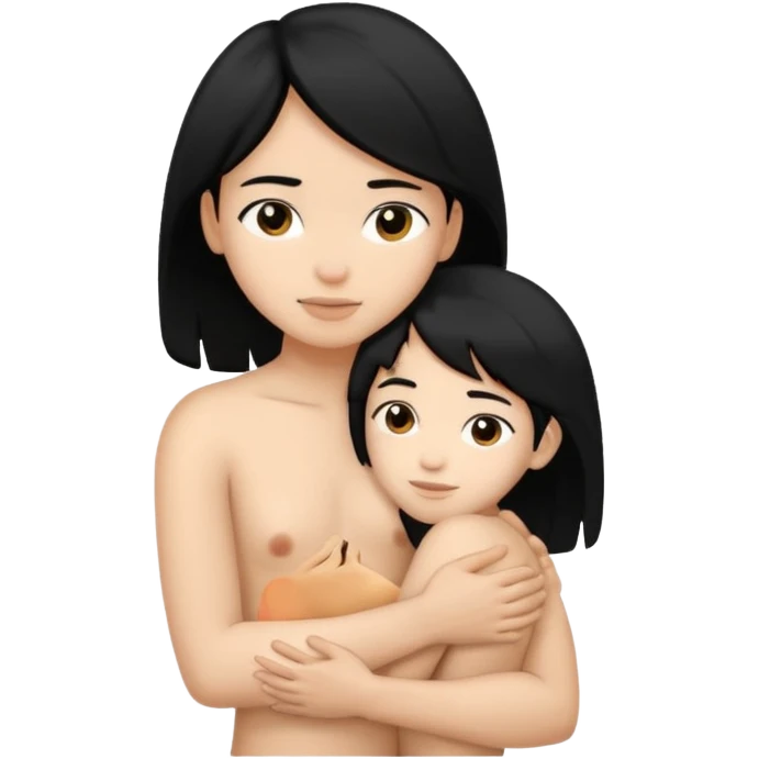 Light skinned woman black hair light skin boy young black hair hugging no clothes emoji