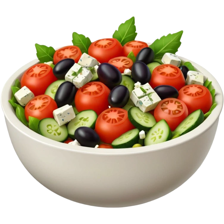 mediterranean salad bowl object icon, tomatoes, cucumbers, olives, feta cheese, olive oil dressing, 3D cartoon, mobile game icon style, clean background, no text, no watermark
 emoji