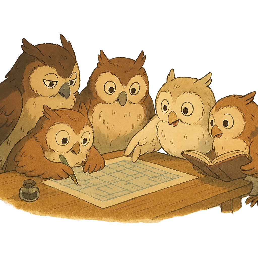 ghibli style several owls gathered around a table, working as a team emoji