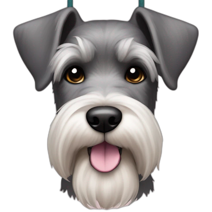 dog color "pepper and salt" breed medium Schnauzer with hanging ears hanging ears and a pale pink string around its neck emoji