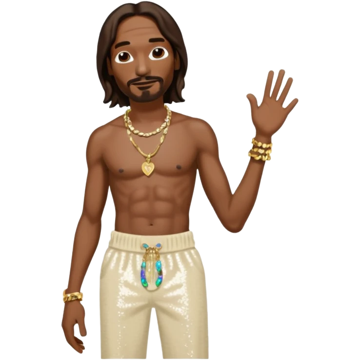 Snoop Dogg with long dark brown hair, cream sequin baggy pants, shirtless with necklace emoji