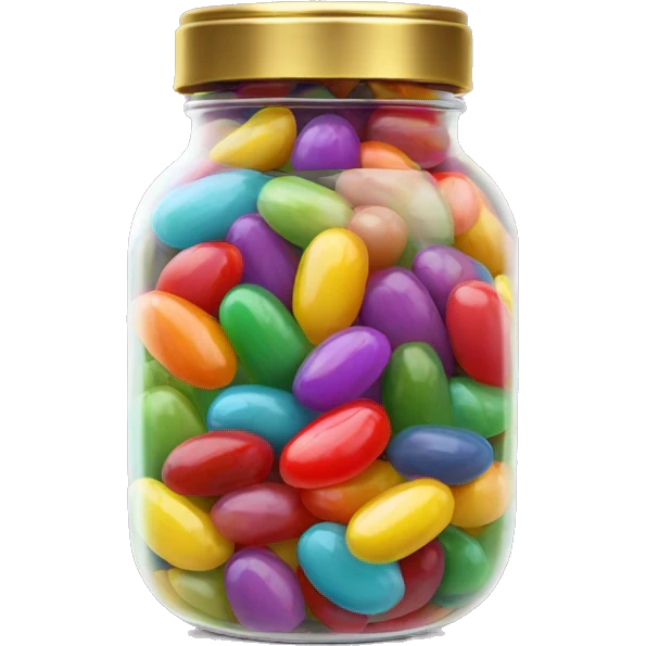 Realistic jelly beans in a glass jar with a gold screw on lid on the top. emoji